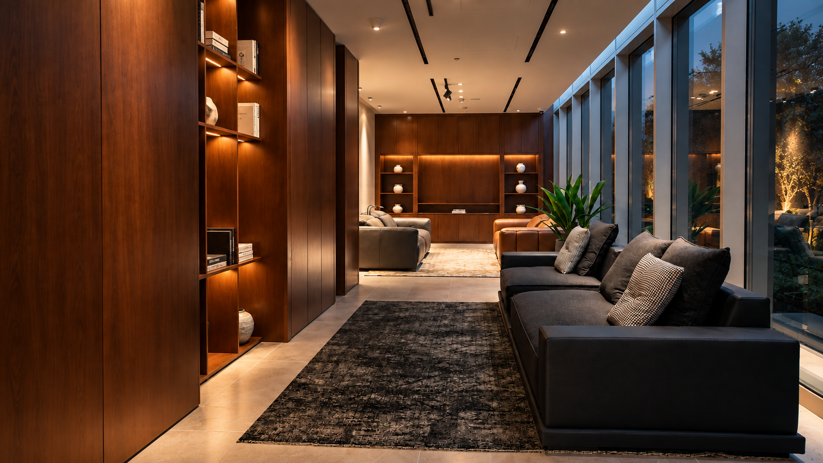 Apartment lounge with walnut wall panelling and a dark sofa