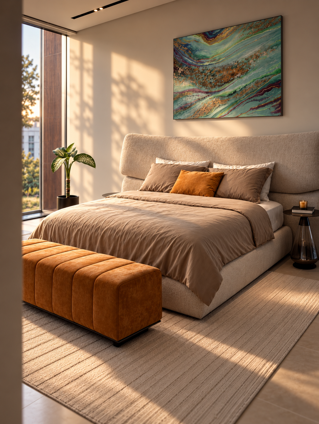 Sunlit bedroom with an upholstered bed and velvet bench