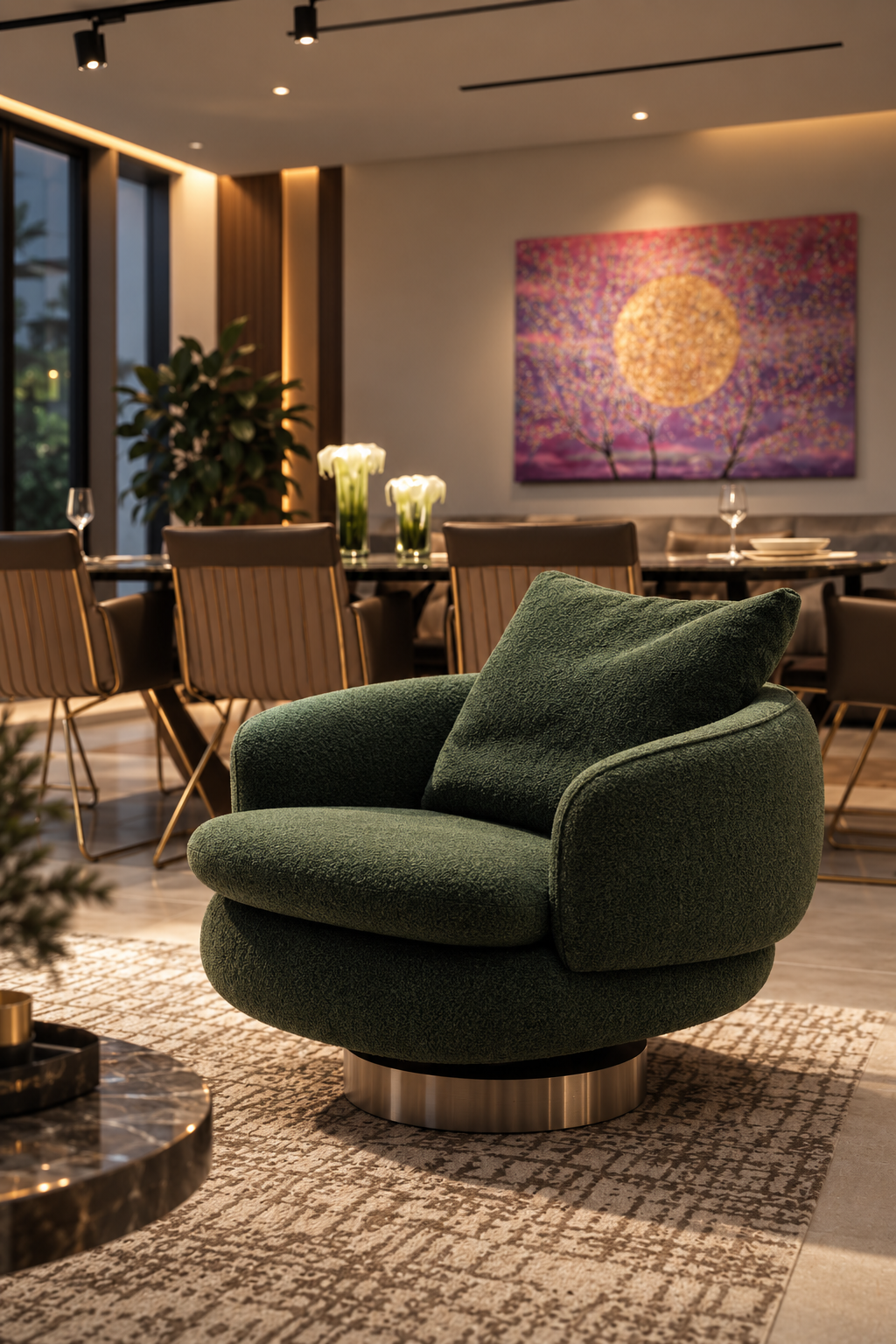 Green bouclé armchair in a warmly lit dining room
