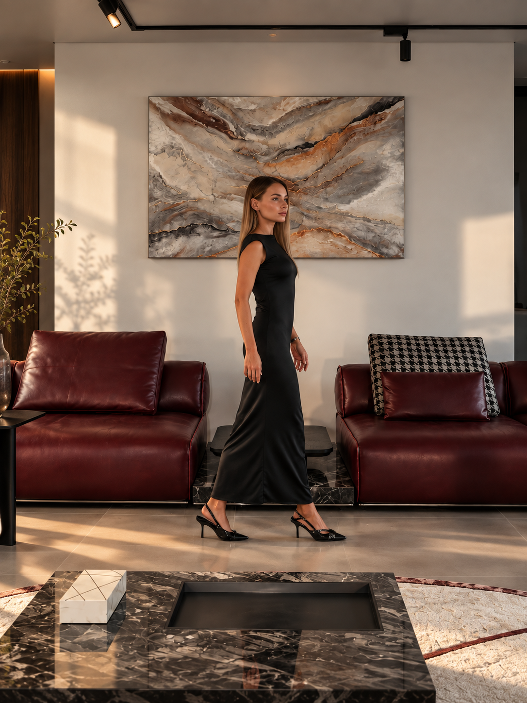 Woman in a black dress walking past burgundy leather sofas