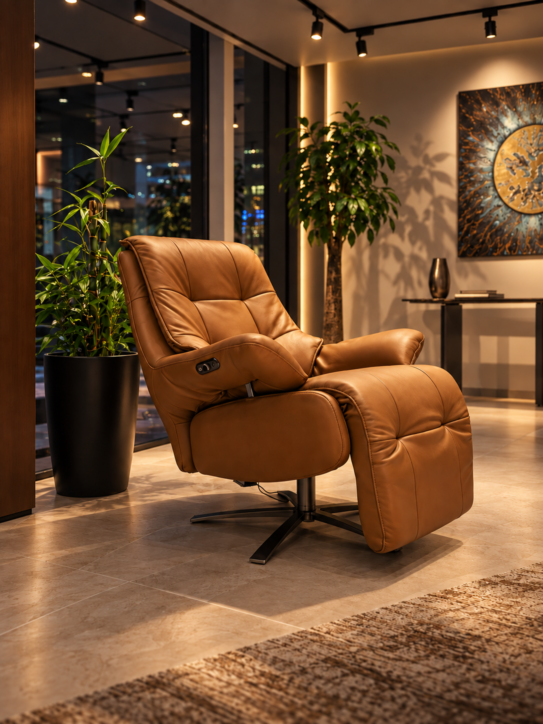 Cognac leather recliner in a showroom