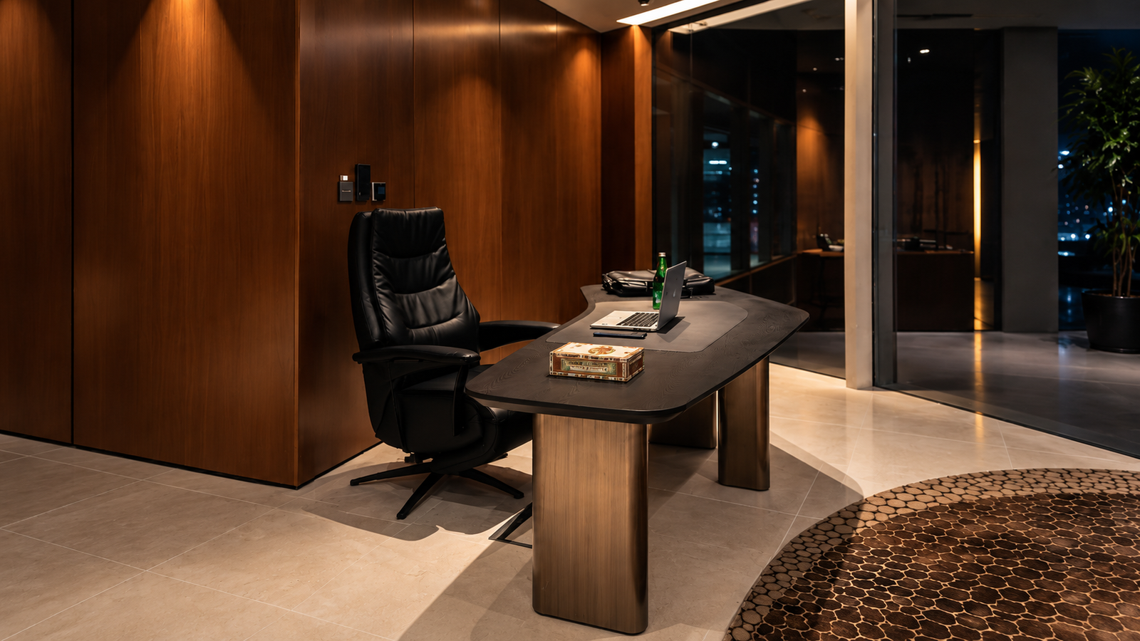 Executive office with a walnut desk and leather chair