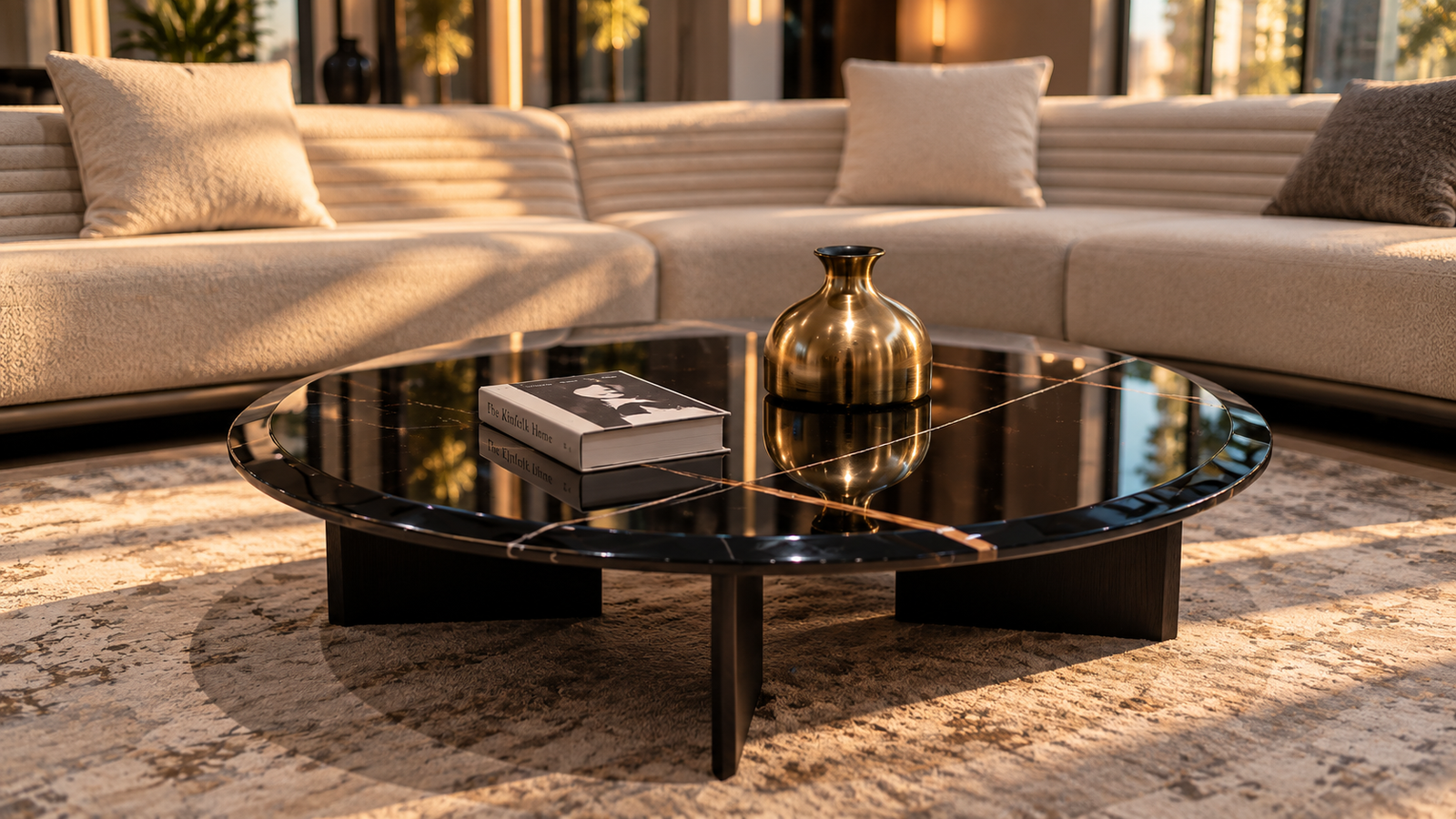 Black marble coffee table with a brass vase in front of a cream sofa