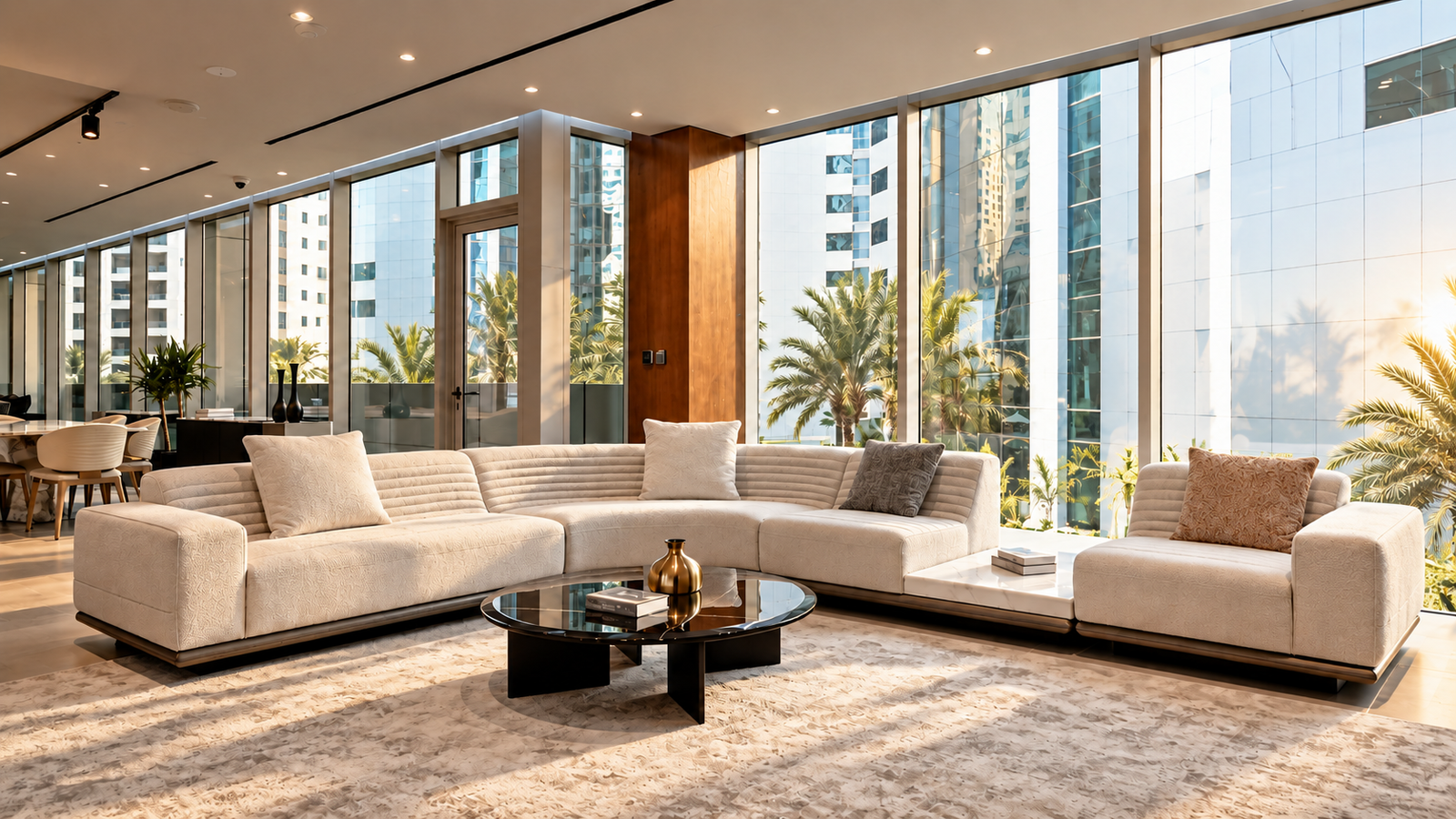 Bright living room with a curved cream sectional and Dubai Marina views