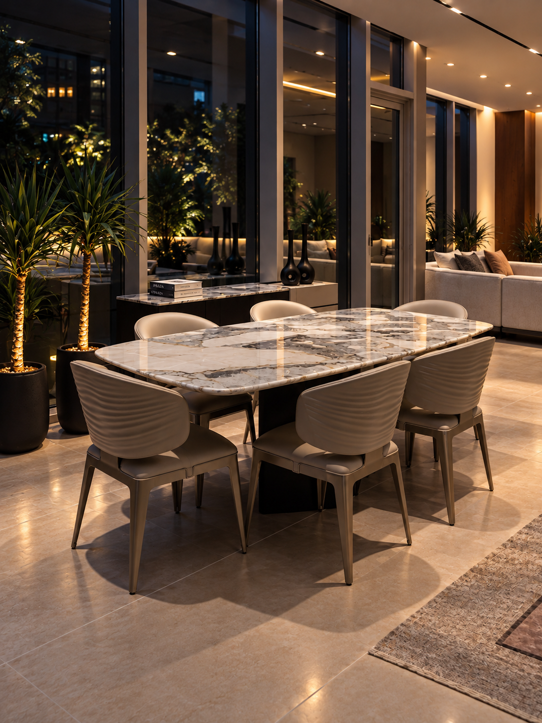 Marble dining table with upholstered chairs