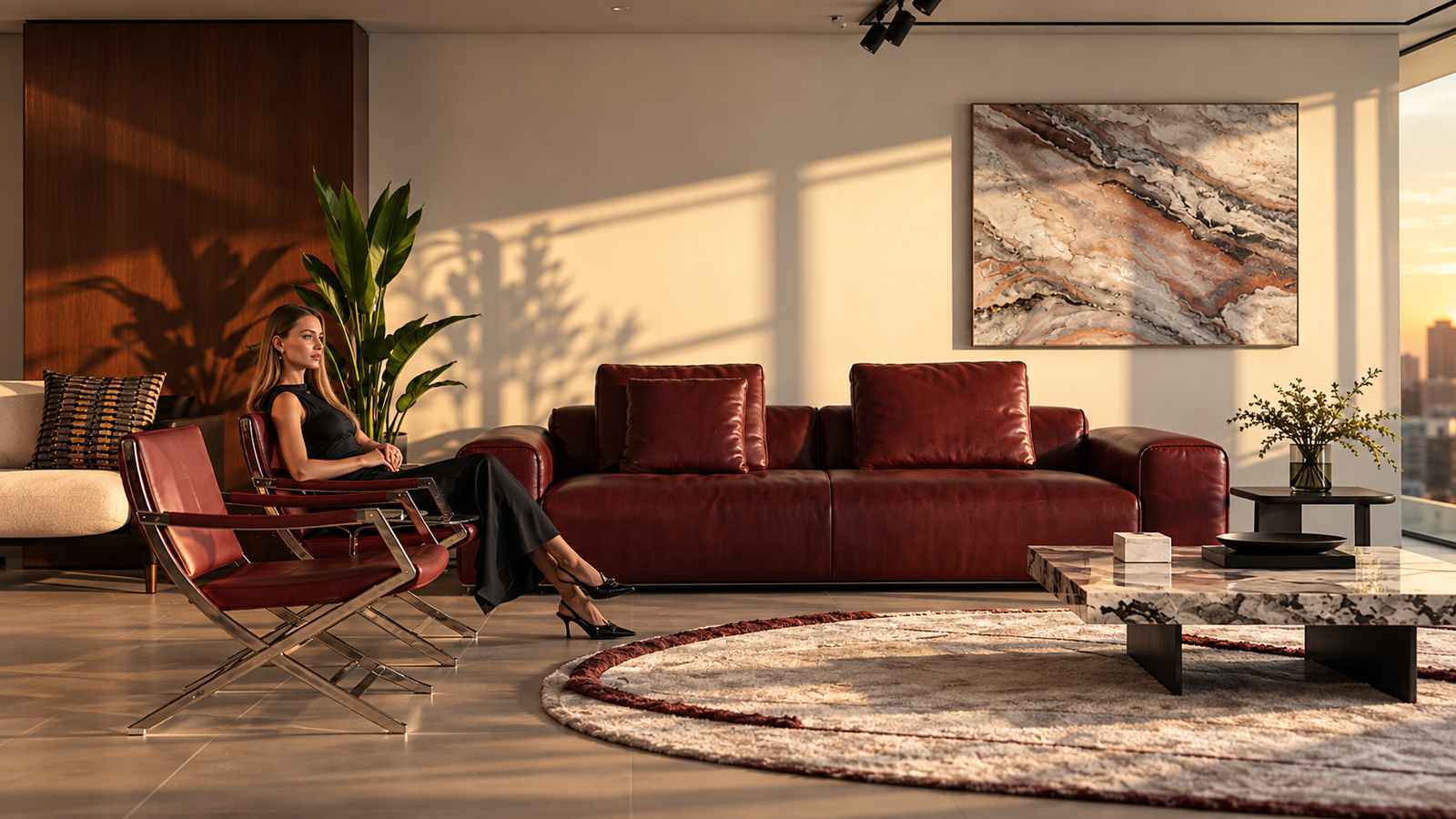 Residential villa living room with a burgundy leather sofa and round rug